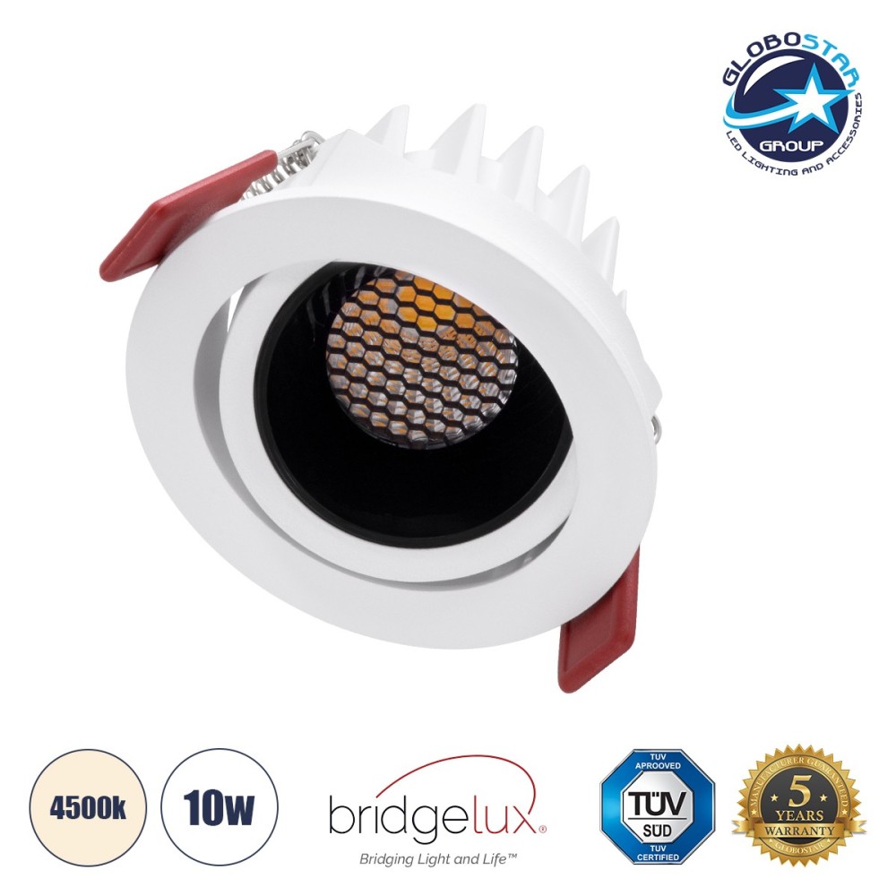 GLOBOSTAR® LEO-R 60282 Χωνευτό Κινούμενο Downlight Σποτ με Honeycomb Anti Glare Reflector LED 10W 1300lm 38° AC 220-240V IP20 Φυσικό Λευκό 4500K - Bridgelux COB Chip & TÜV SÜD Driver - Λευκό & Μαύρο Ματ - Μ8.5 x Π8.5 x Υ6.6cm - Q7.5cm - 5 Χρόνια Εγγύηση